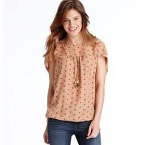 Loft Tan & Pink Polka Dots Short Cap Sleeve Oversized Silky Blouse Top Size S